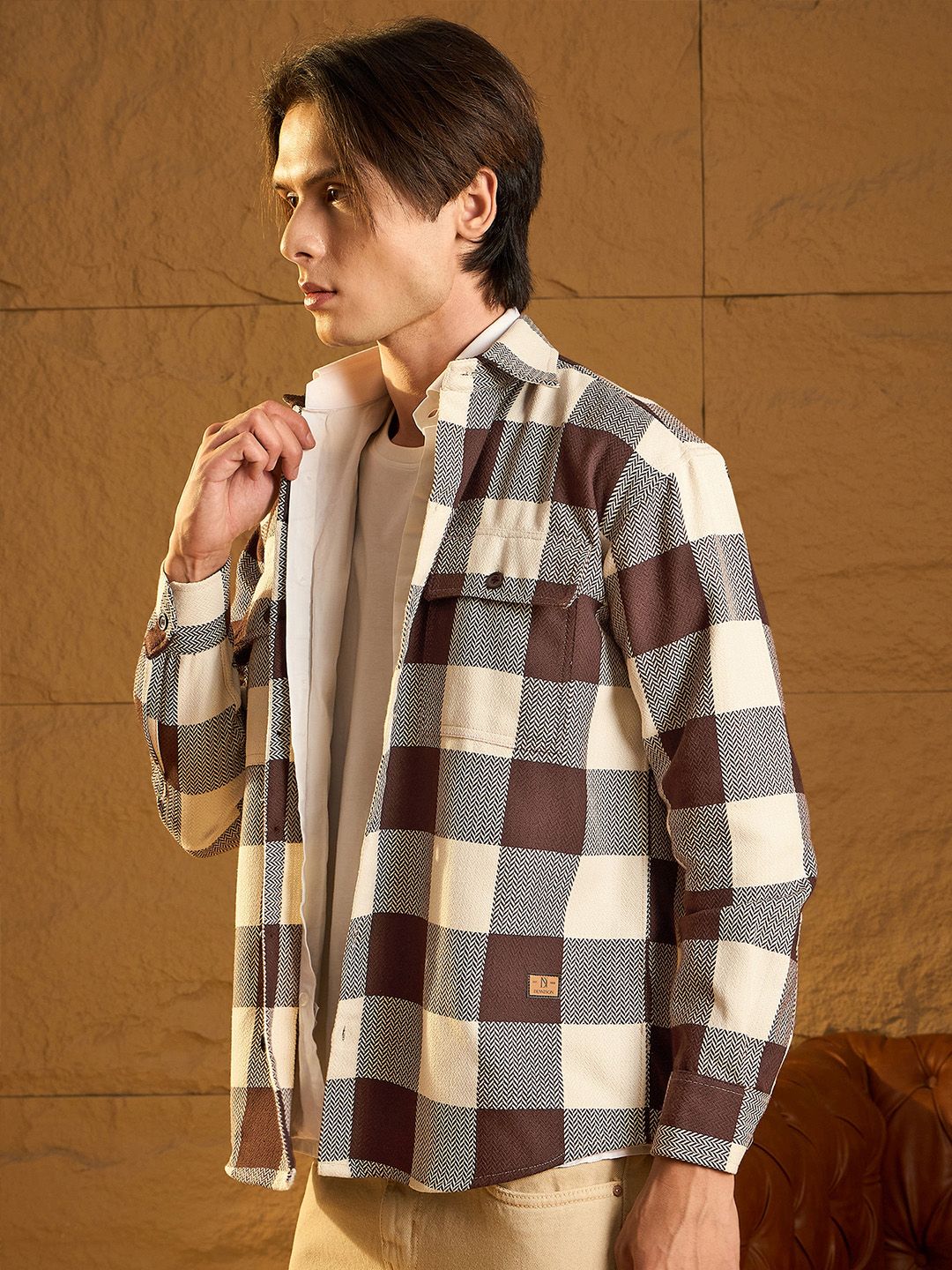 DENNISON Men Double Pocket Drop Shoulder Oversized Cotton Checked Shacket