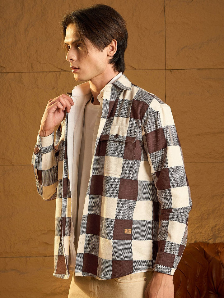 DENNISON Men Double Pocket Drop Shoulder Oversized Cotton Checked Shacket