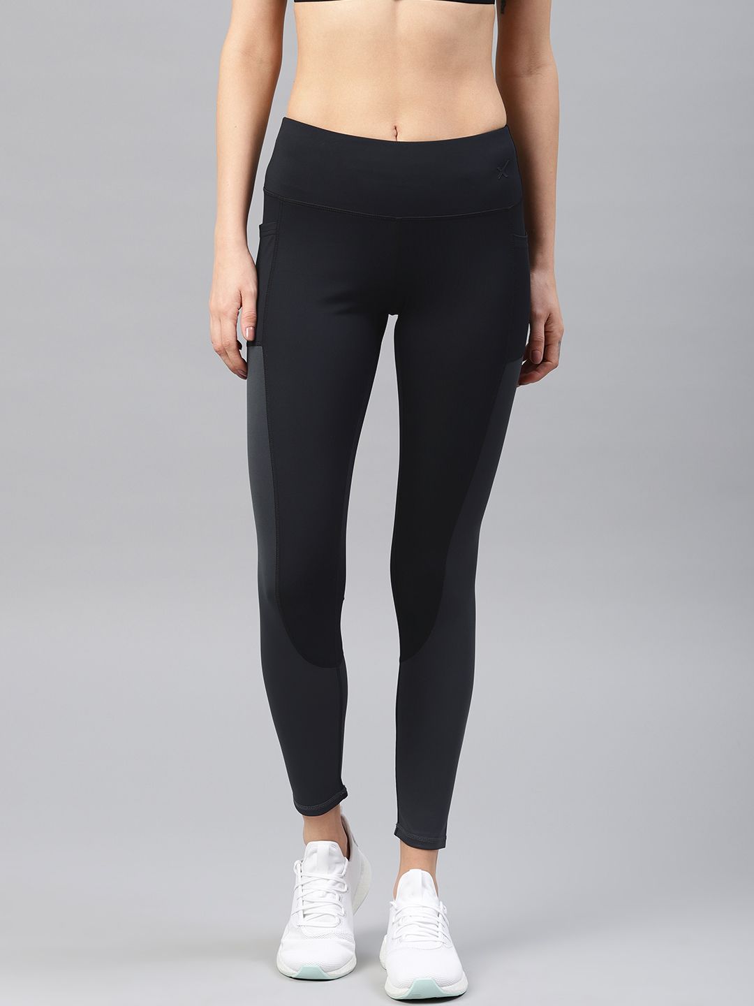 HRX by Hrithik Roshan Women Charcoal Grey & Black Colourblocked Rapid Dry Training Tights