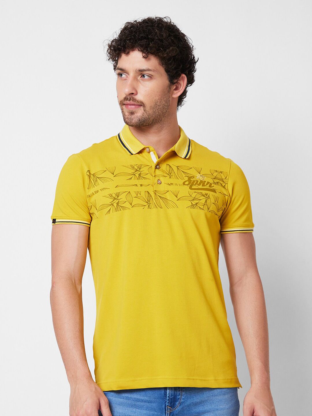 SPYKAR Polo Collar Short Sleeves Floral Print Cotton Slim Fit T-shirt