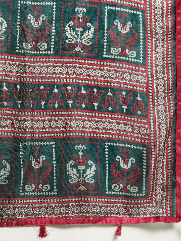 Saree mall Teal Blue & Red Jute Silk Printed Block Print Saree