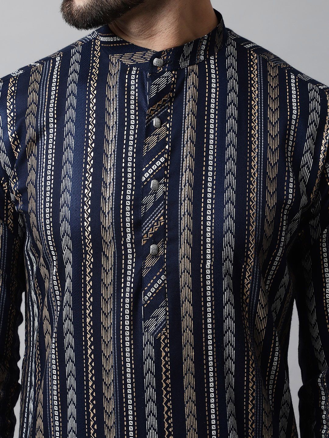 Jompers Men Printed Band Collar Pure Cotton Kurta with Pyjamas