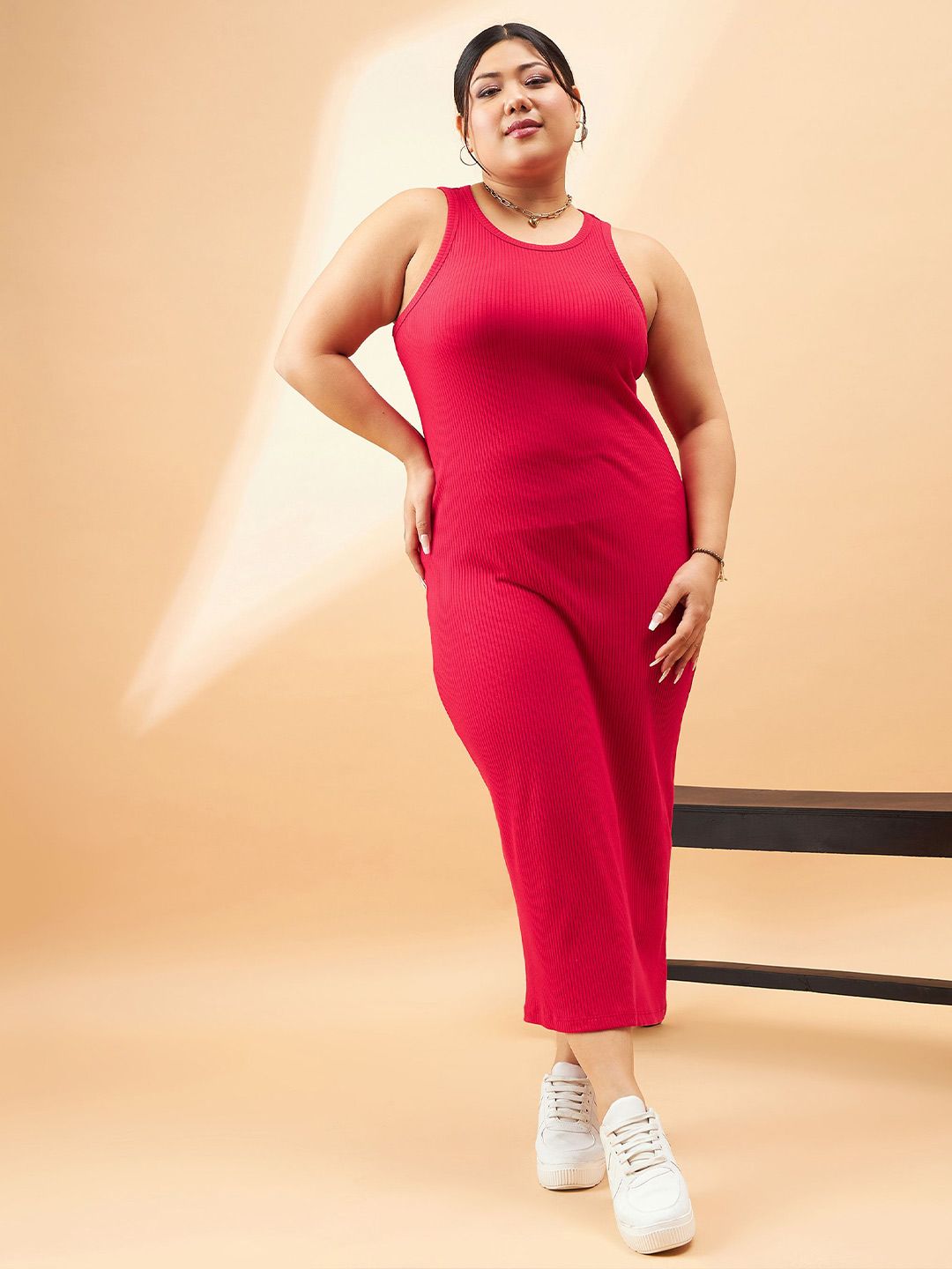 SASSAFRAS Curve Plus Size Red Ribbed Sleeveless Sheath Midi Dress With Shrug
