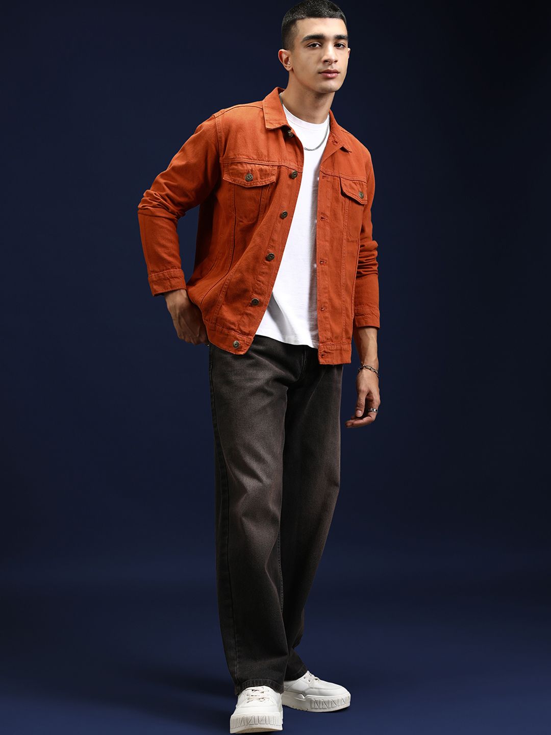 HIGHLANDER Men Rust Washed Denim Jacket with Patchwork