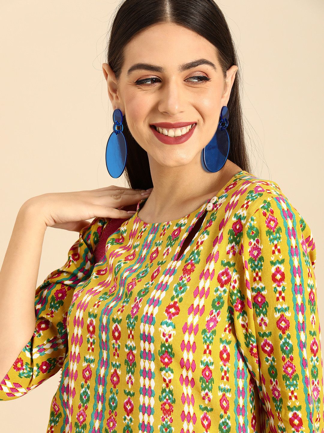 Anouk Women Mustard Yellow & Green Ethnic Motifs Printed A-Line Kurta