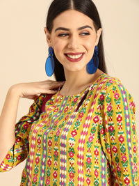 Anouk Women Mustard Yellow & Green Ethnic Motifs Printed A-Line Kurta