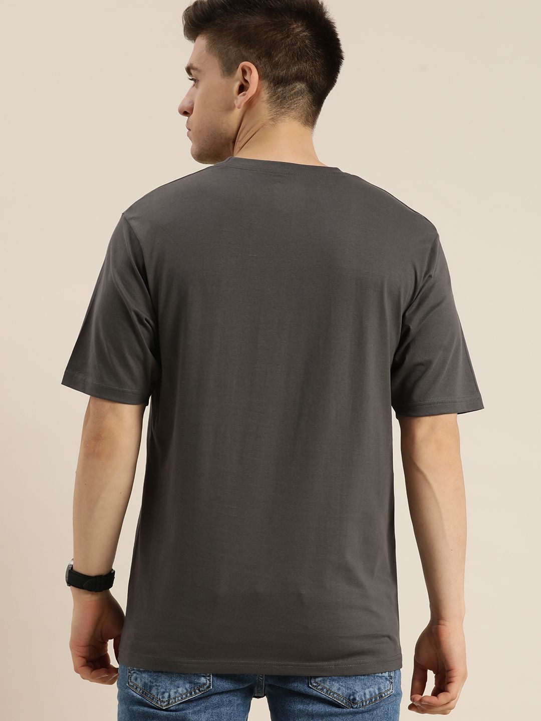 Difference of Opinion Men Charcoal & Mustard Yellow Printed Pure Cotton Loose T-shirt