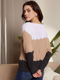 Berrylush White & Brown Colourblocked Tound Neck Acrylic Pullover Sweater