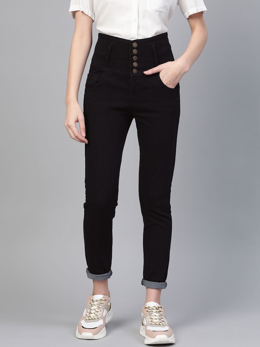 SASSAFRAS Women Black Slim Fit High-Rise Clean Look Stretchable Jeans