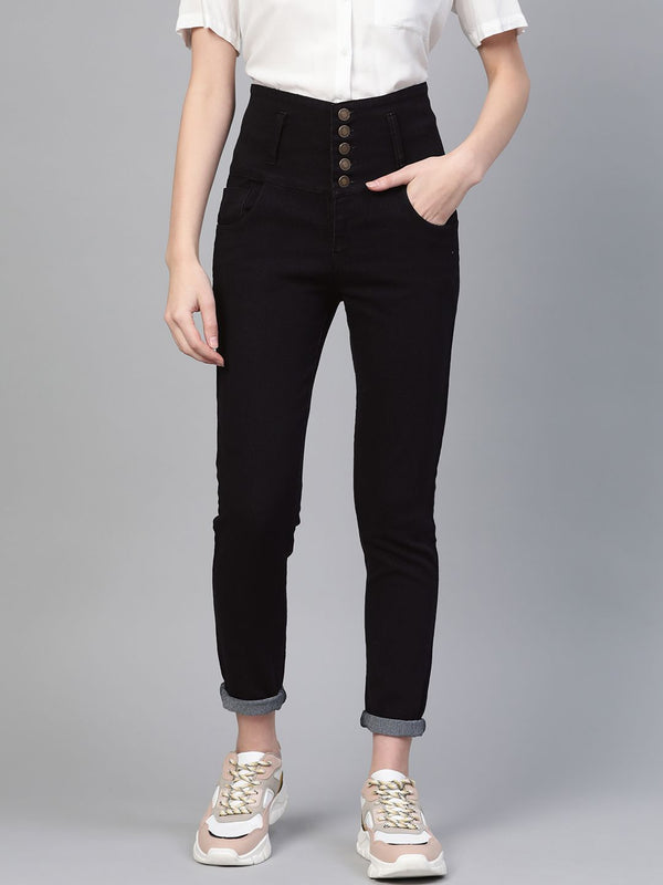 SASSAFRAS Women Black Slim Fit High-Rise Clean Look Stretchable Jeans