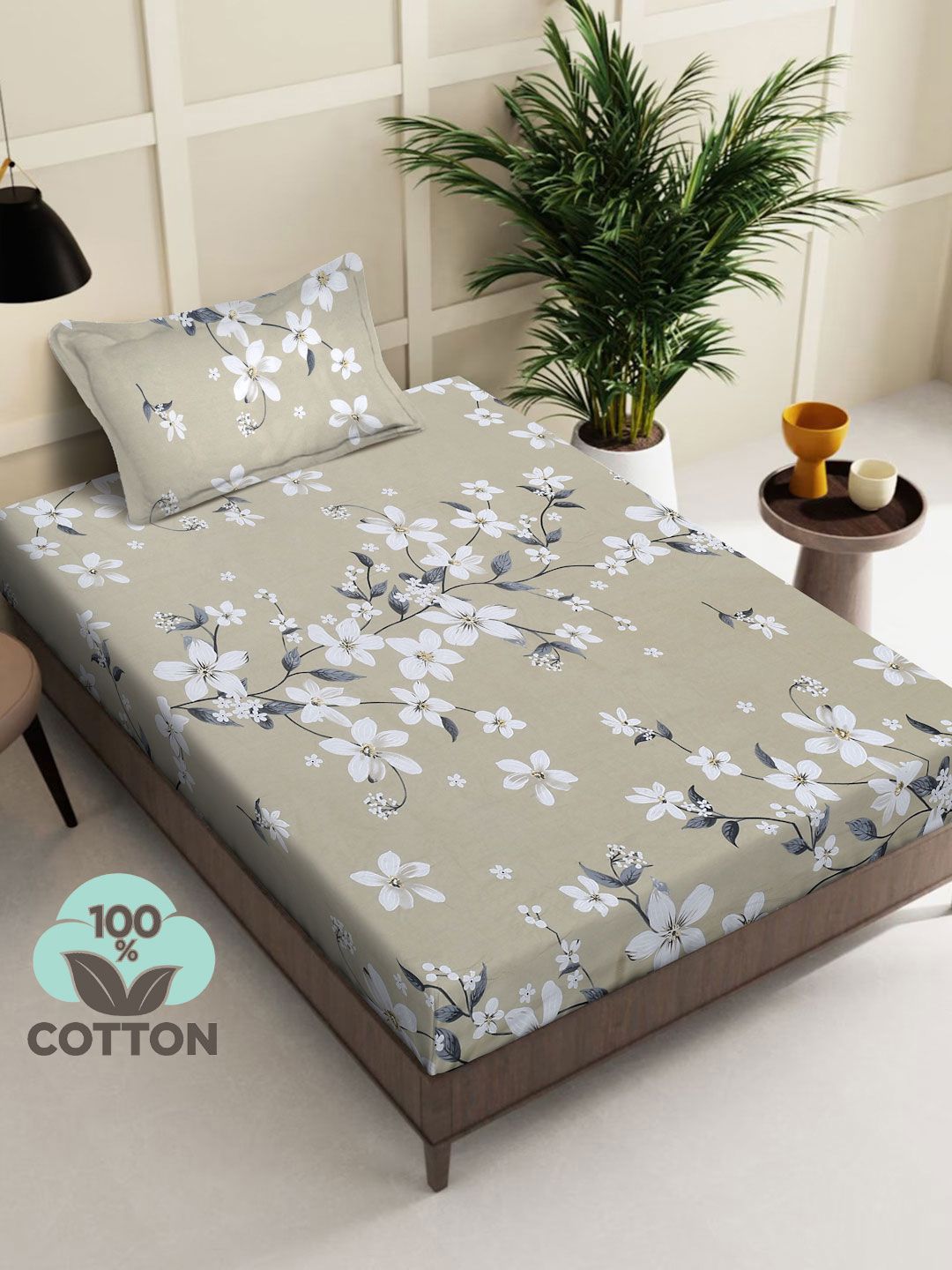 KLOTTHE Beige Printed Pure Cotton 130 GSM Single Bedsheet Set