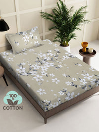 KLOTTHE Beige Printed Pure Cotton 130 GSM Single Bedsheet Set