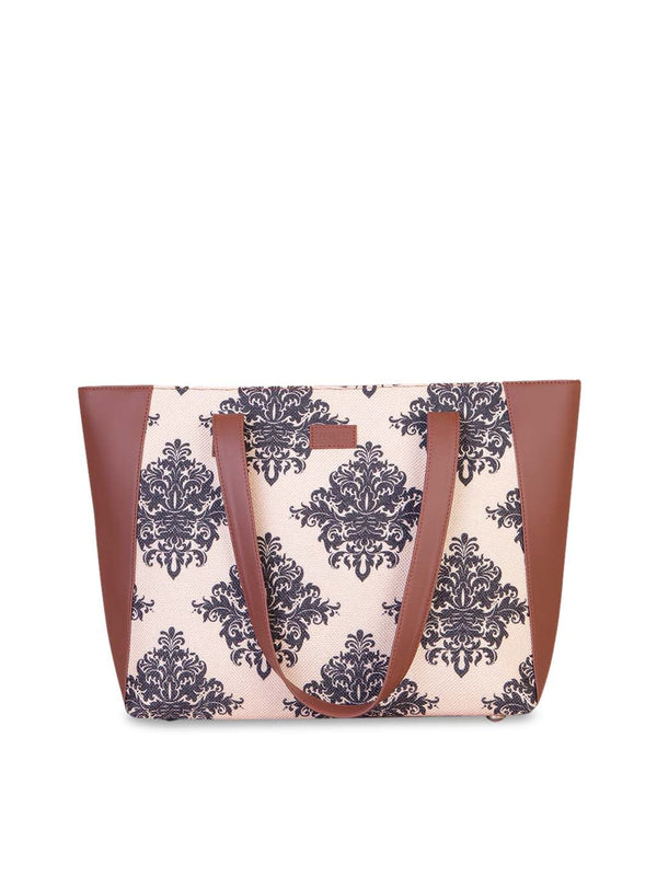 ZOUK Peach-Coloured Floral Printed Structured Tote Bag