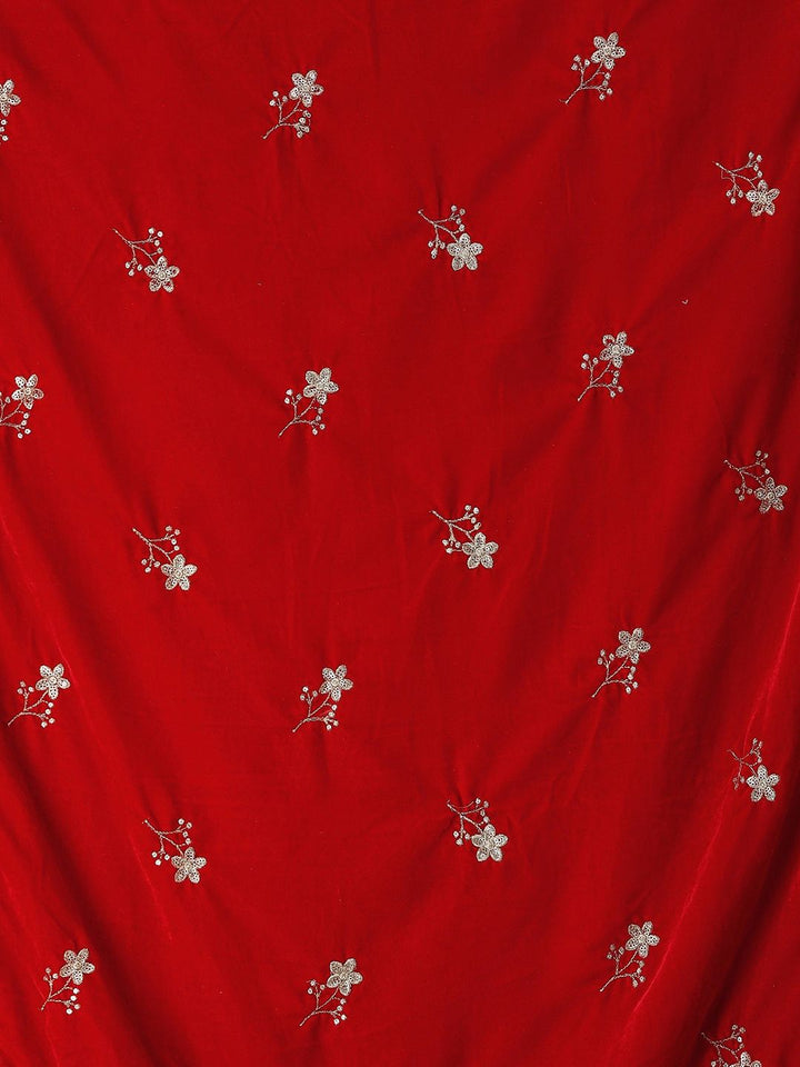 Exotic India Garnet Velvet Dupatta with Embroidered Flowers and Sequins