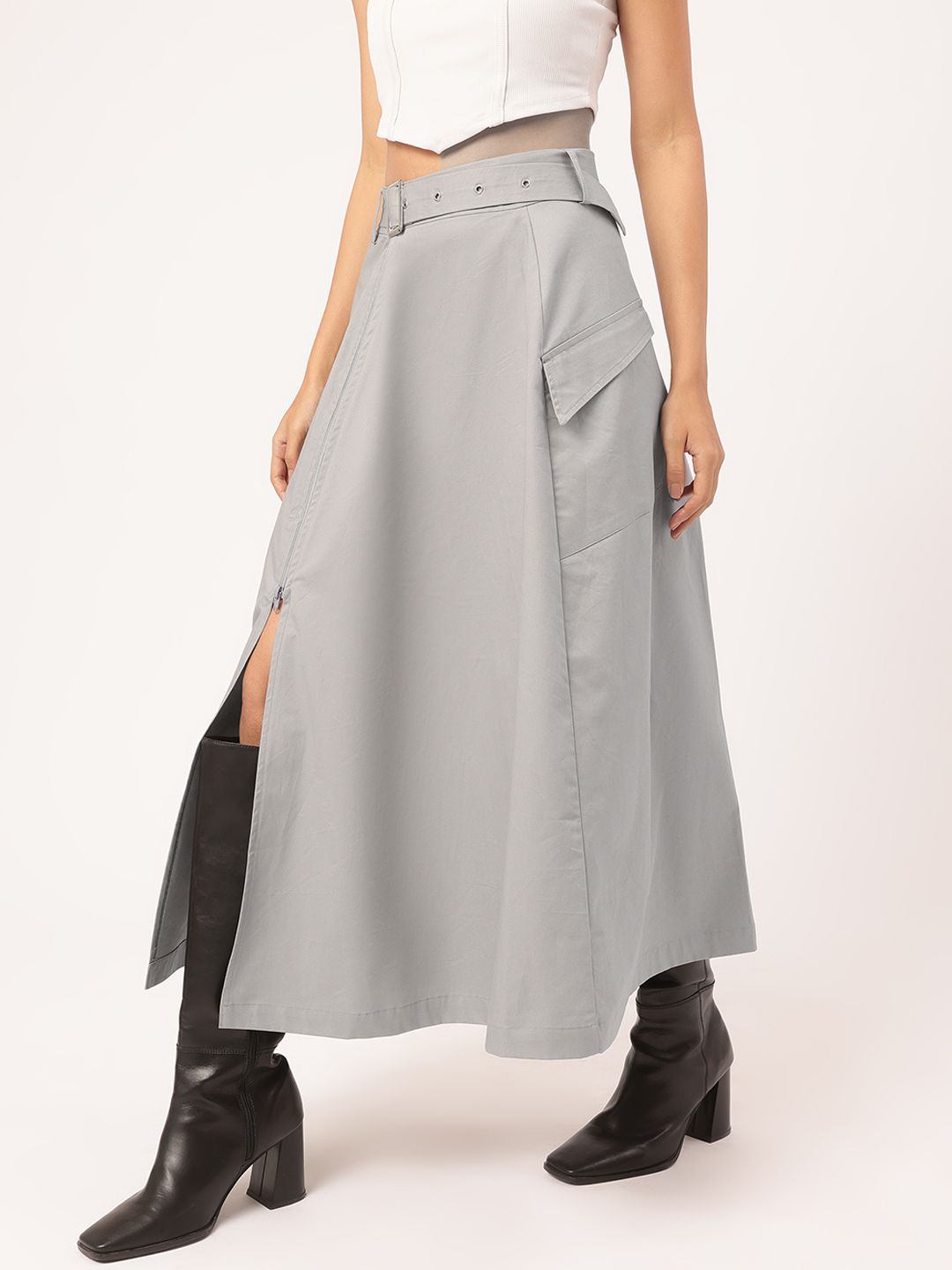 DressBerry Modern Glam Side-Slit A-Line Belted Midi Skirt