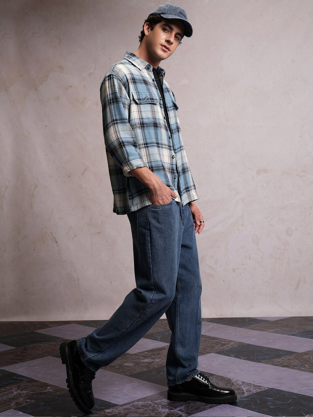 Locomotive Men Blue Dobby Textured Checked Utility Pocket Overshirt