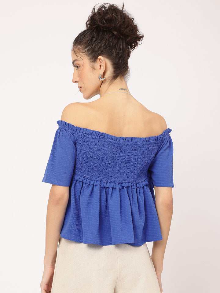 DressBerry Smocked Escape Ruffled Seersucker Bardot Top