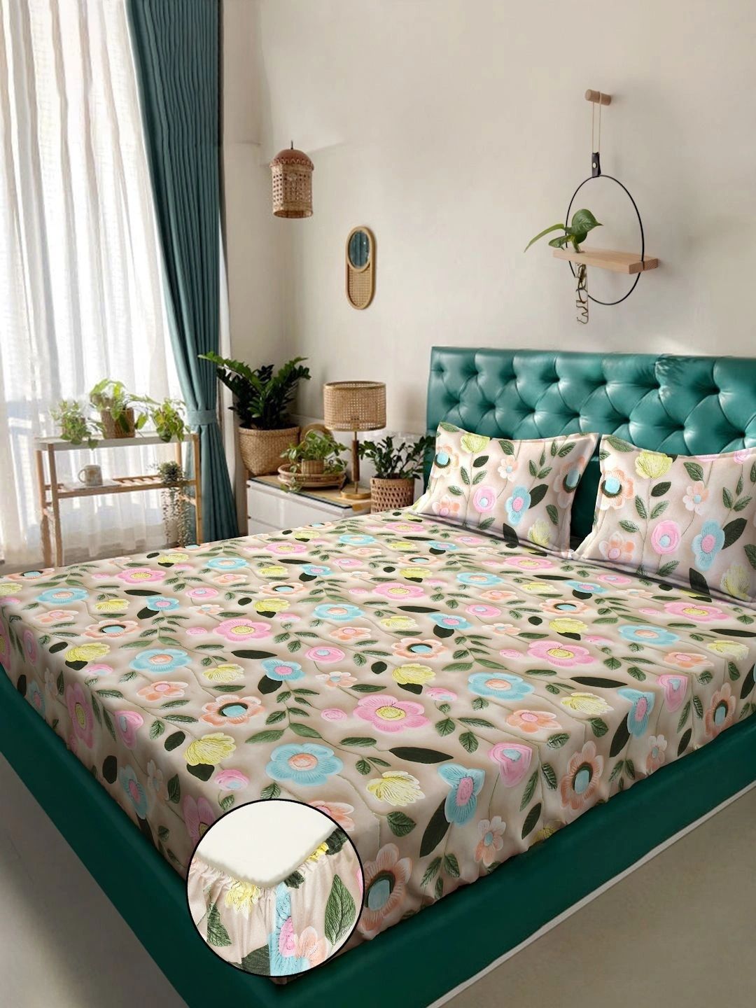 Myntra Elegant Homes Beige Floral 400 TC King Bedsheet with 2 Pillow Covers