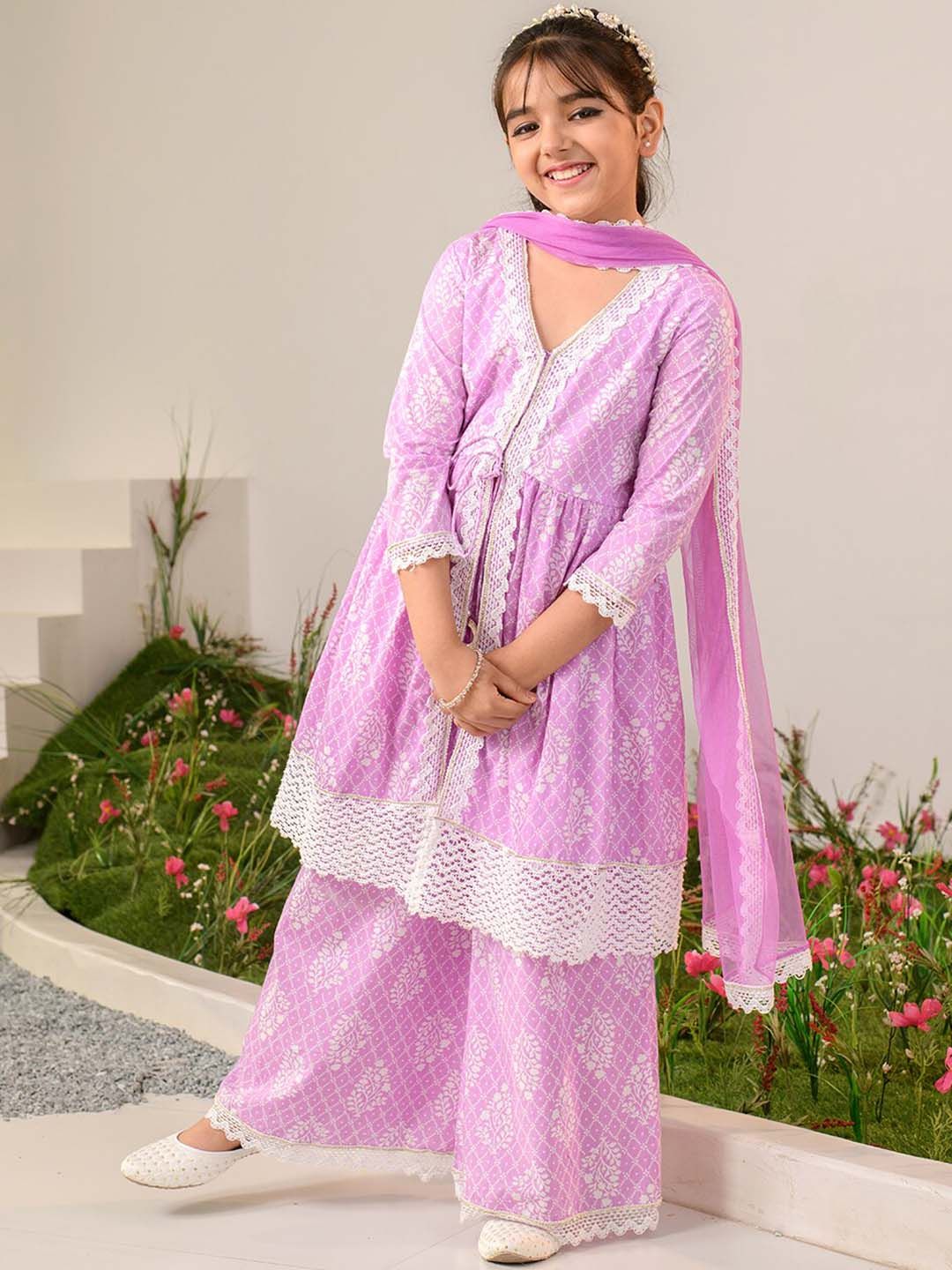 pspeaches Girls Ethnic Motifs Printed Pure Cotton Kurta With Palazzos & Dupatta