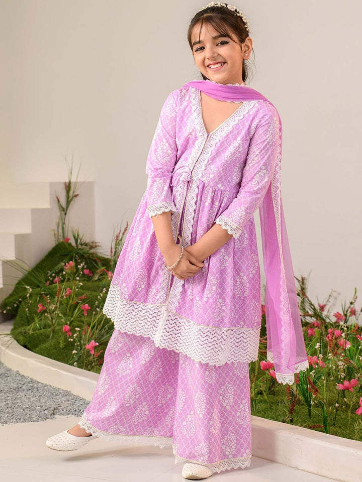pspeaches Girls Ethnic Motifs Printed Pure Cotton Kurta With Palazzos & Dupatta
