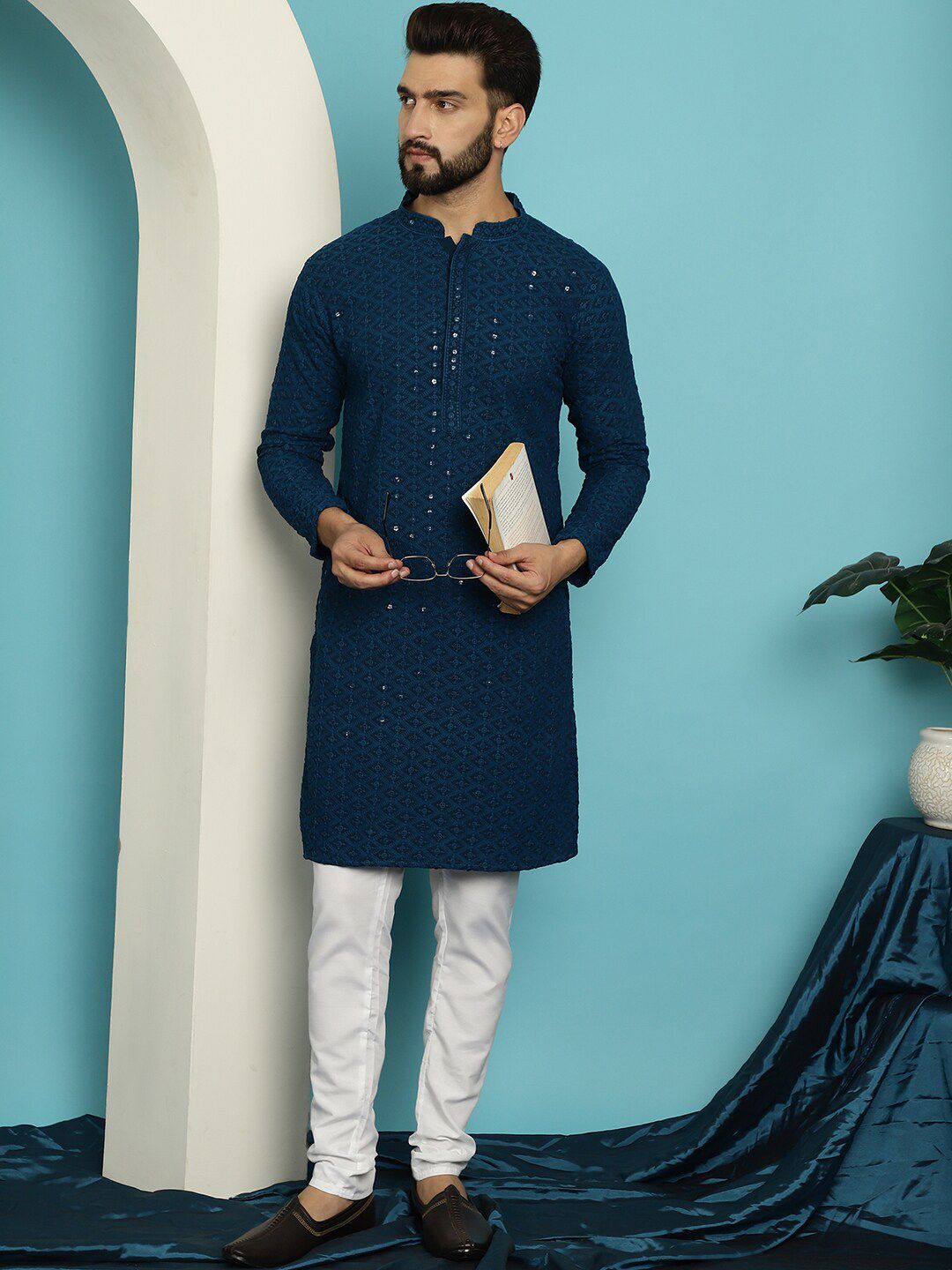 SOJANYA Ethnic Motifs Embroidered Regular Sequined Pure Cotton Kurta With Churidar
