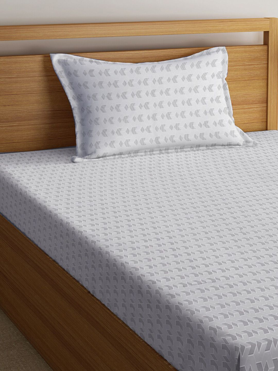KLOTTHE Grey Geometric Cotton 300 TC Single Fine Bedsheet with a Pillow Cover-87 x 59 inches