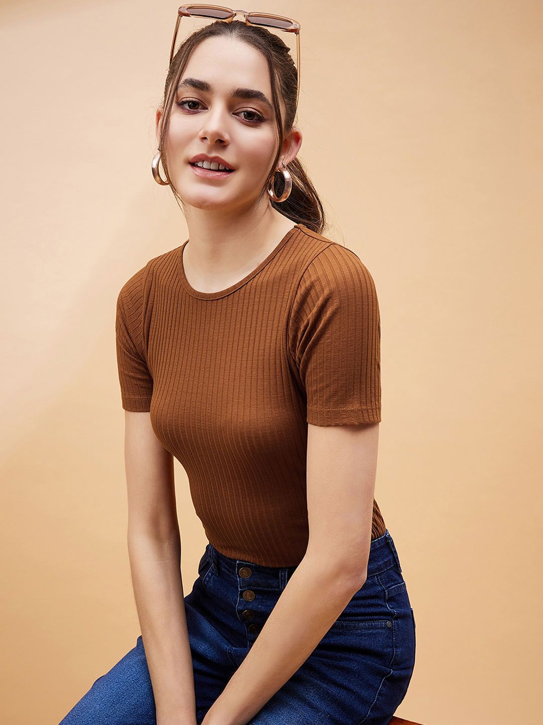 SASSAFRAS BASICS Brown Ribbed Round Neck Bodysuit