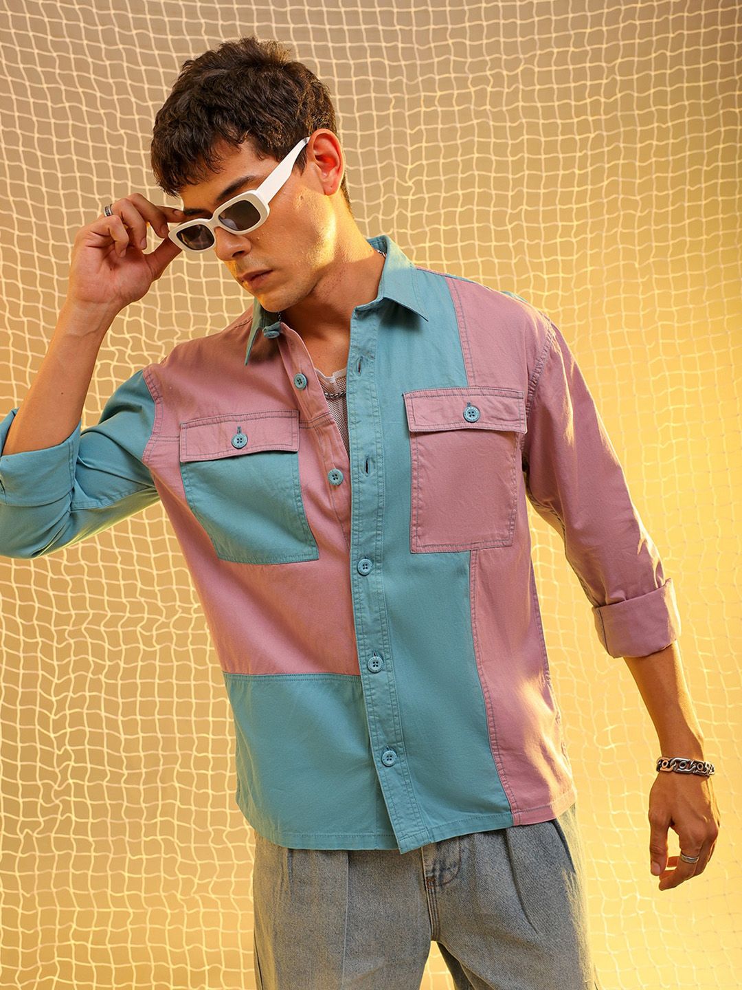 The Indian Garage Co Colourblocked Spread Collar Long Sleeves Cotton Casual Shirt