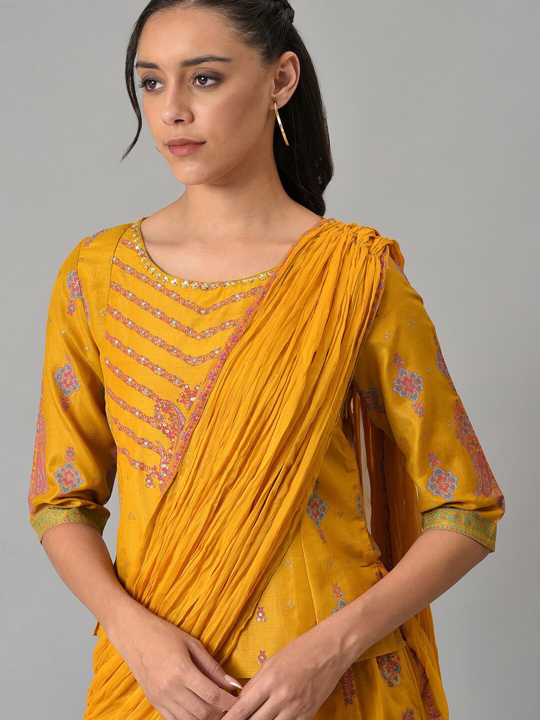 W Festive Printed Shantung Top & Culotte With Attached Drape Co-ords