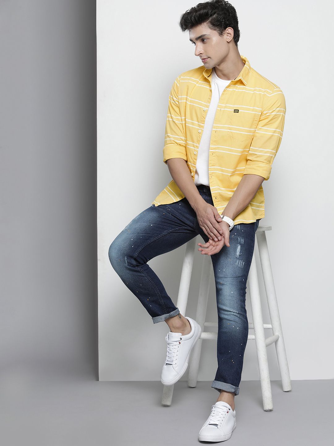 The Indian Garage Co Men Yellow & White Horizontal Striped Pure Cotton Casual Shirt