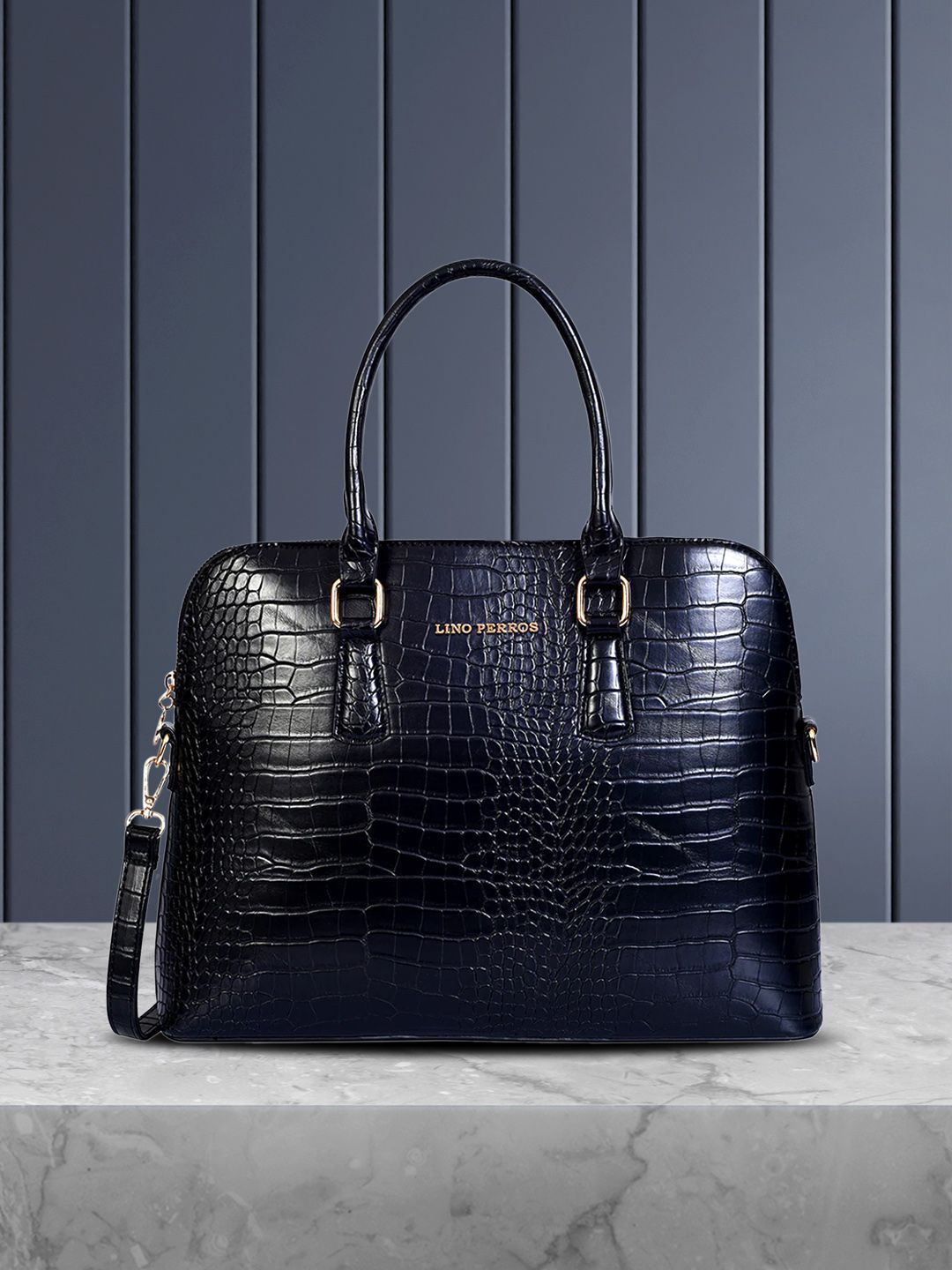 Lino Perros Women Black Croc-Textured Laptop Bag with Detachable Sling Strap
