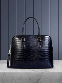 Lino Perros Women Black Croc-Textured Laptop Bag with Detachable Sling Strap