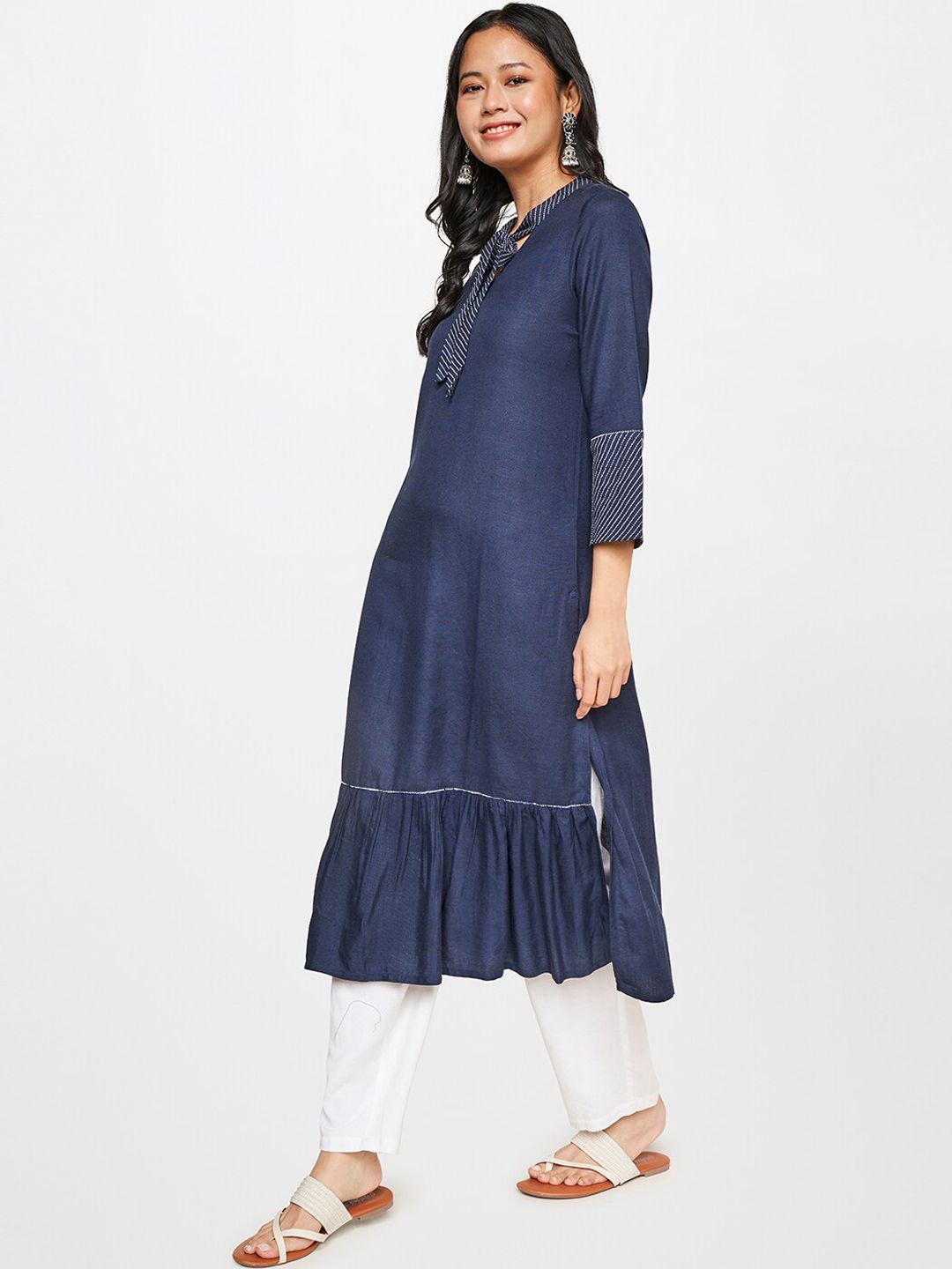 Global Desi Tie-Up Neck Thread Work Tiered A-Line Denim Kurta