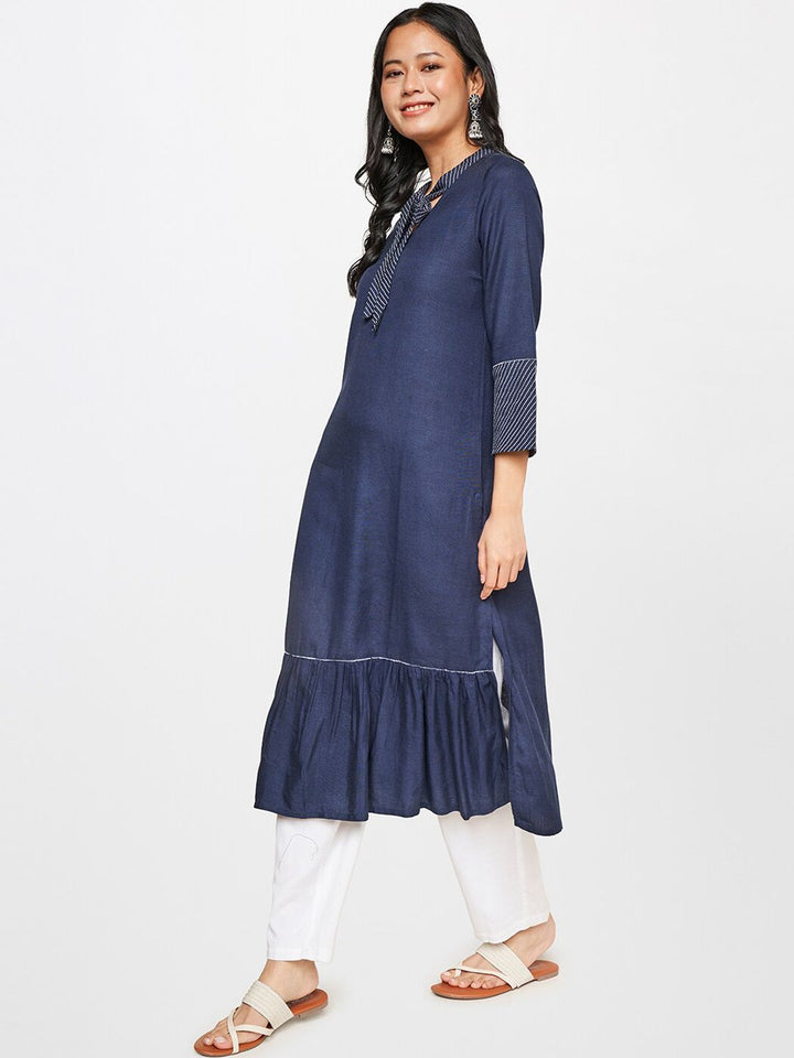 Global Desi Tie-Up Neck Thread Work Tiered A-Line Denim Kurta
