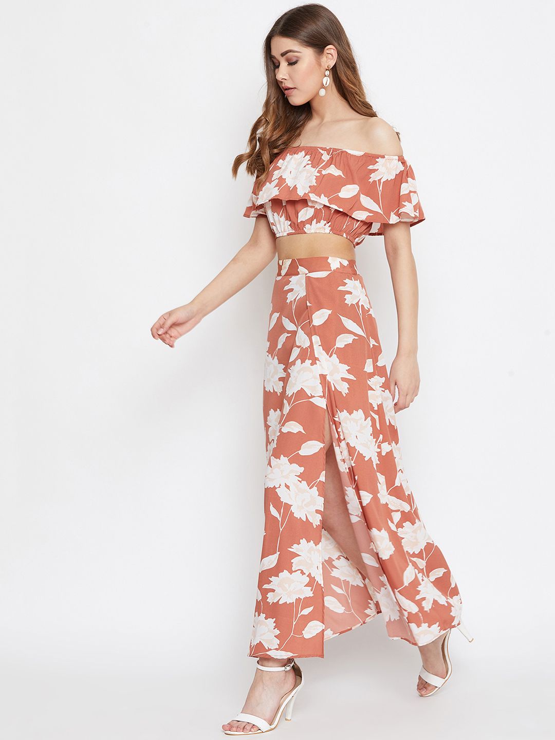 Berrylush Brown & White Floral Printed Co-Ords