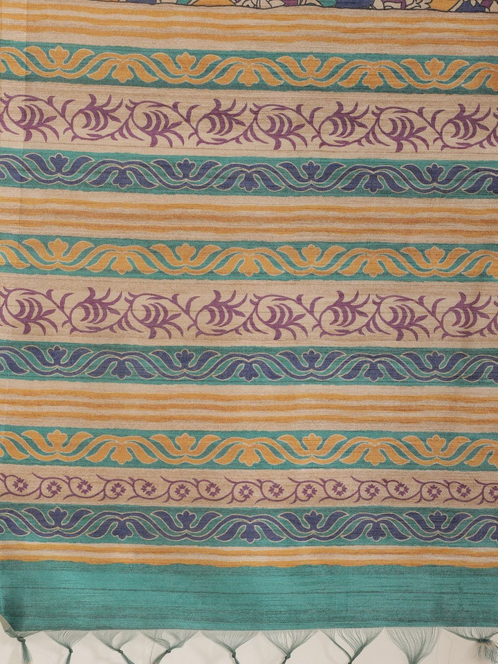 Saree mall Blue & Mustard Yellow Printed Bhagalpuri Handloom Saree