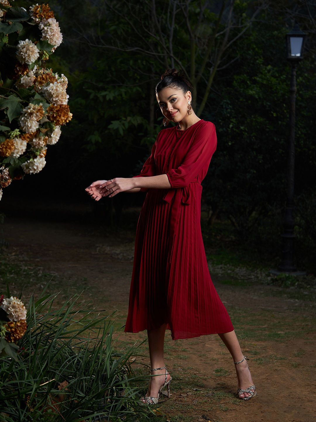 SASSAFRAS Striped Puff Sleeves A-Line Dress