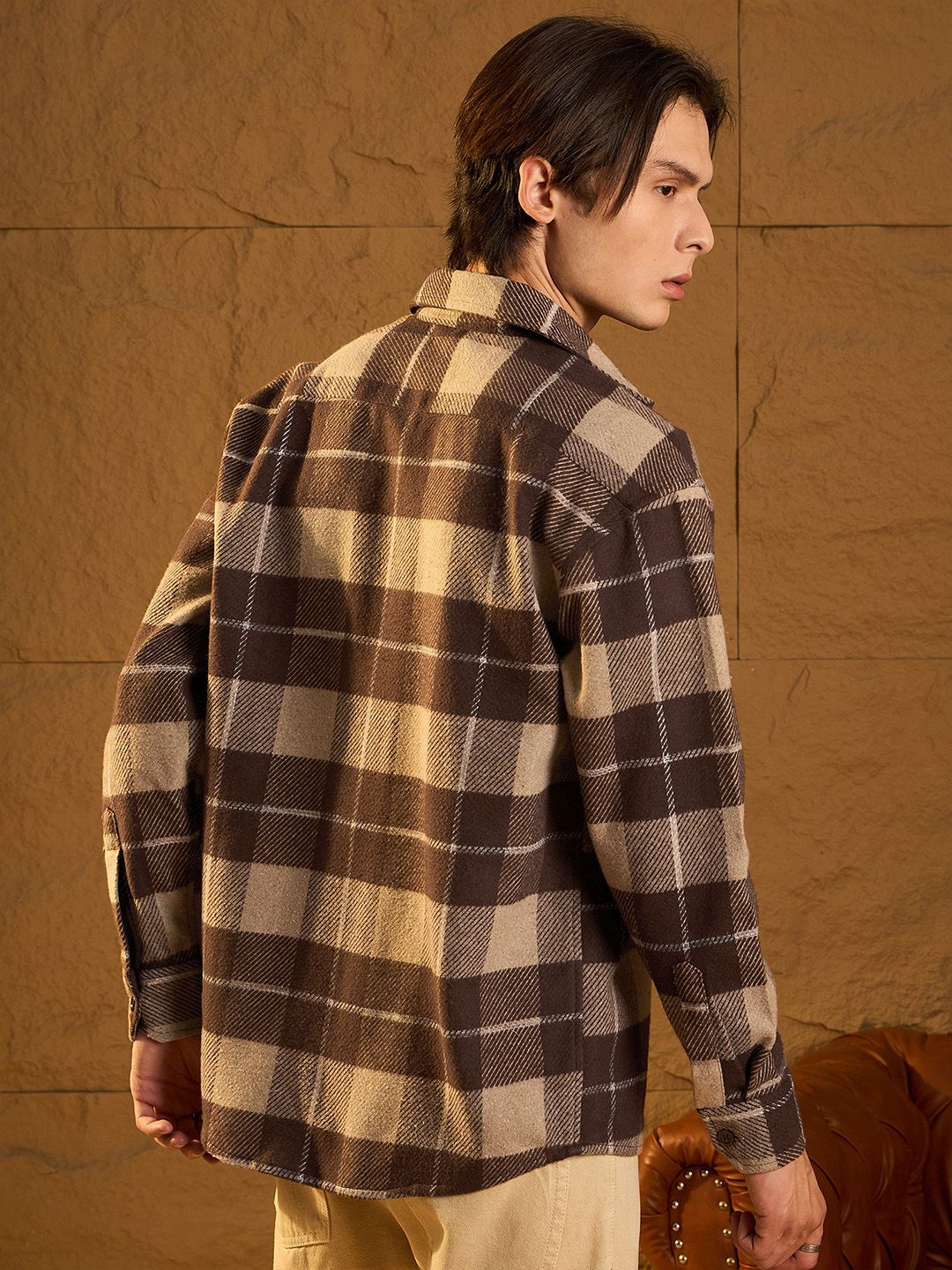 DENNISON Men Double Pocket Drop Shoulder Oversized Cotton Checked Shacket