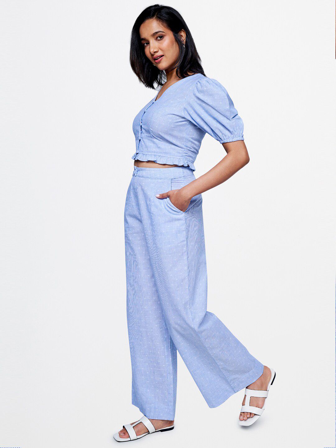 AND Printed V-Neck Puff Sleeves Top with Trousers