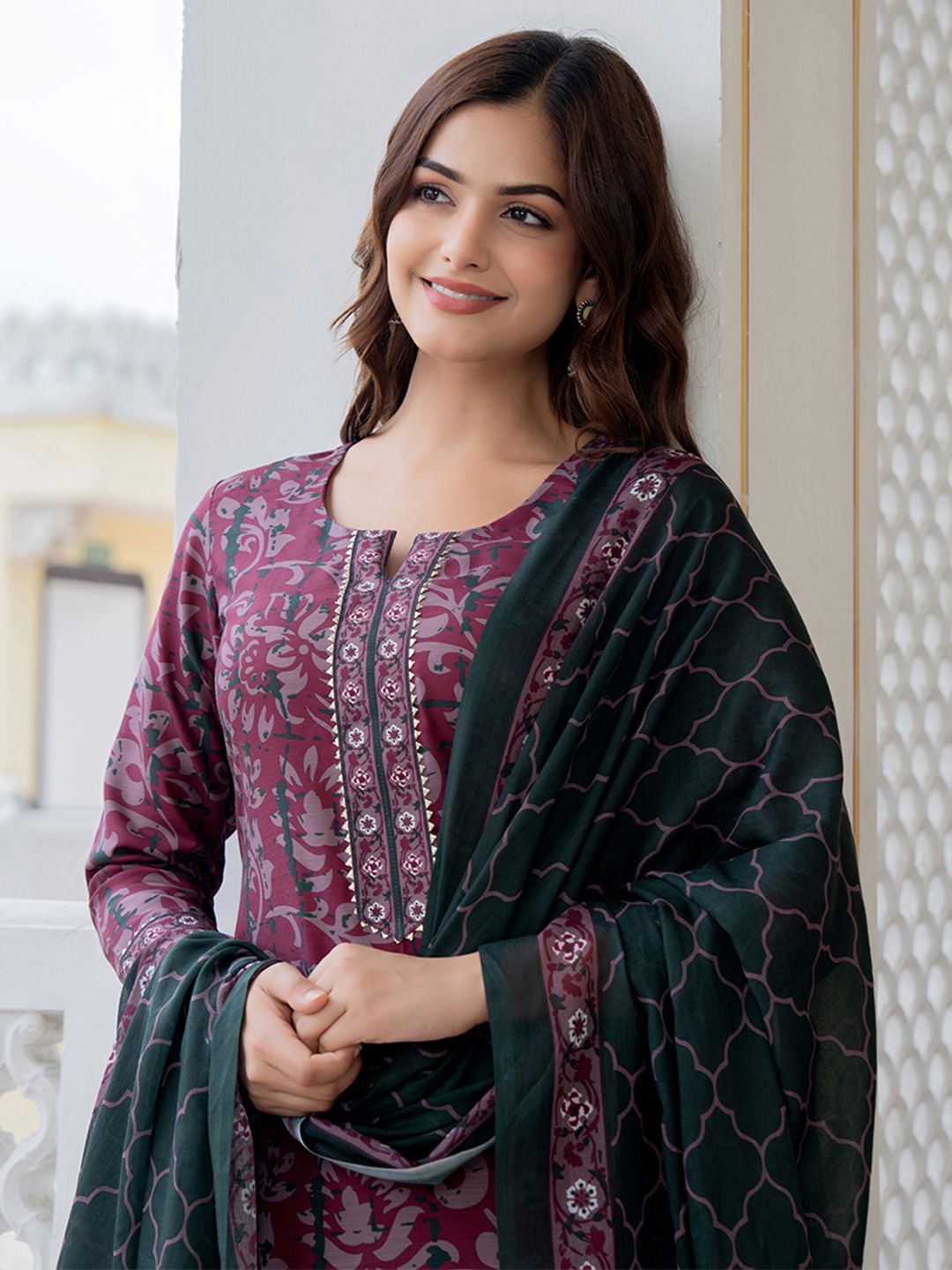 KALINI Floral Printed Notch Neck Straight Kurta With Trousers & Dupatta