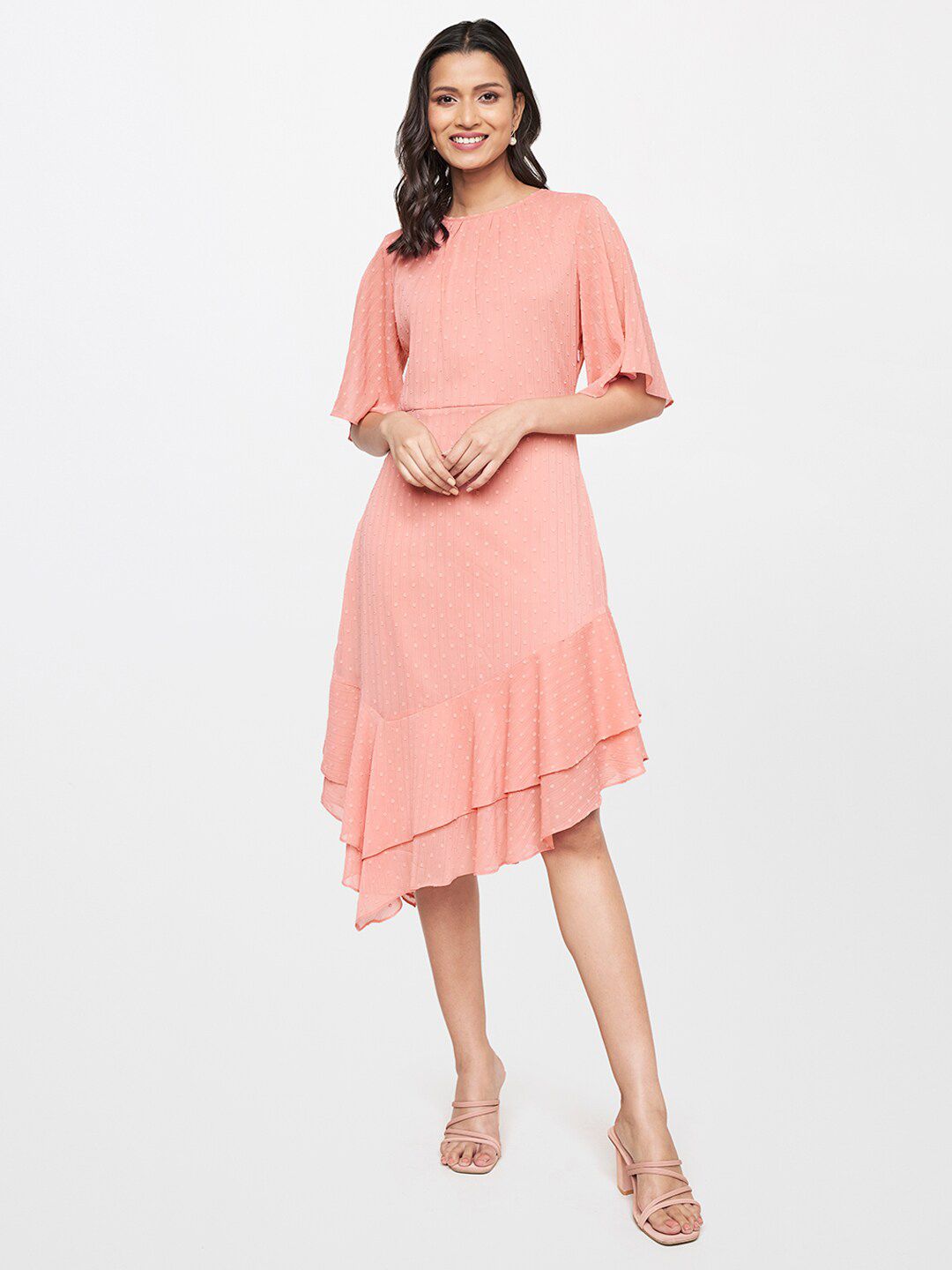 AND Peach-Coloured Dobby A-Line Dress