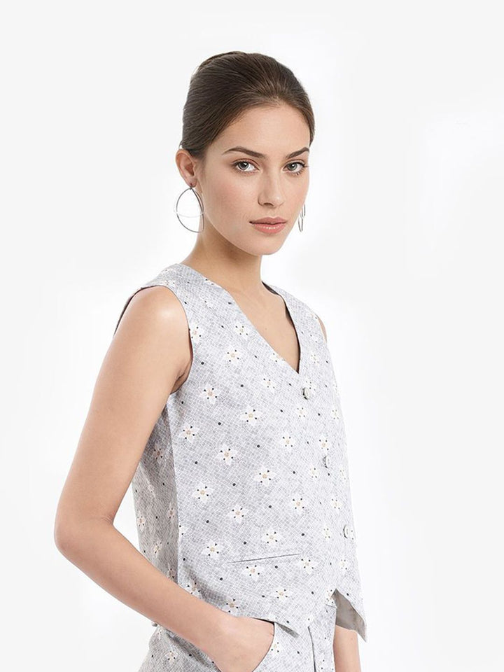 Rareism Women Floral Printed Lengan Tanpa V-Neck Wrap Top