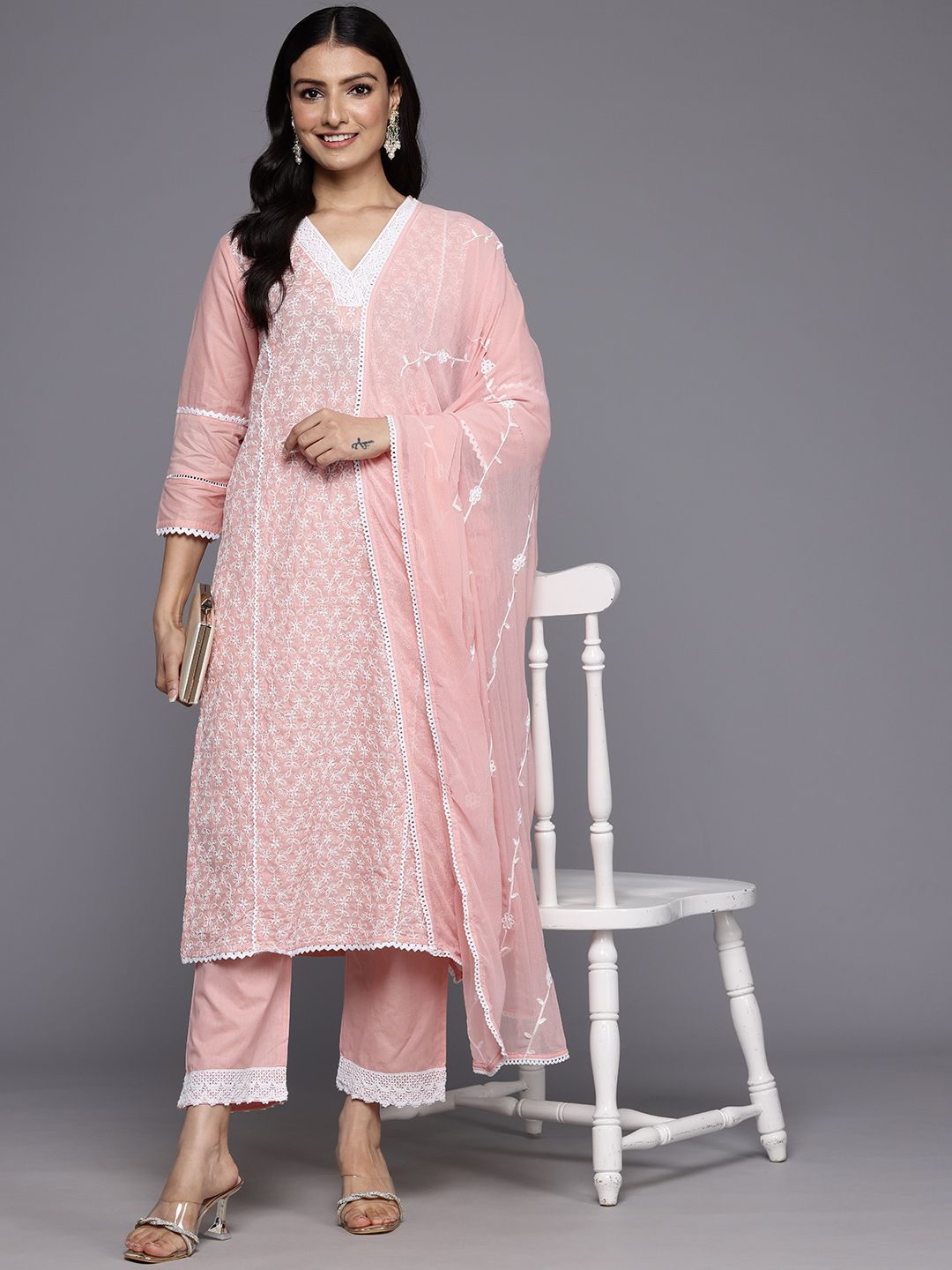 Varanga Floral Embroidered Panelled Thread Work Pure Cotton Kurta With Trousers & Dupatta