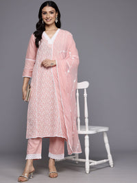 Varanga Floral Embroidered Panelled Thread Work Pure Cotton Kurta With Trousers & Dupatta