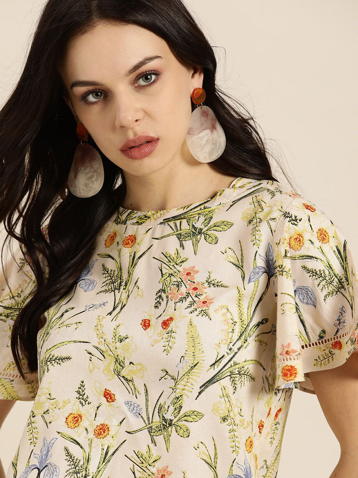 all about you Cream-Coloured & Green Floral Print Flared Sleeves Regular Top