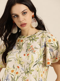 all about you Cream-Coloured & Green Floral Print Flared Sleeves Regular Top