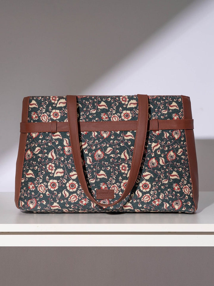 ZOUK Blue Floral Printed Structured Tote Bag