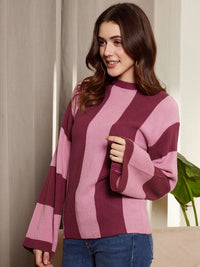 Berrylush Pink & Maroon Striped Acrylic Pullover Sweater