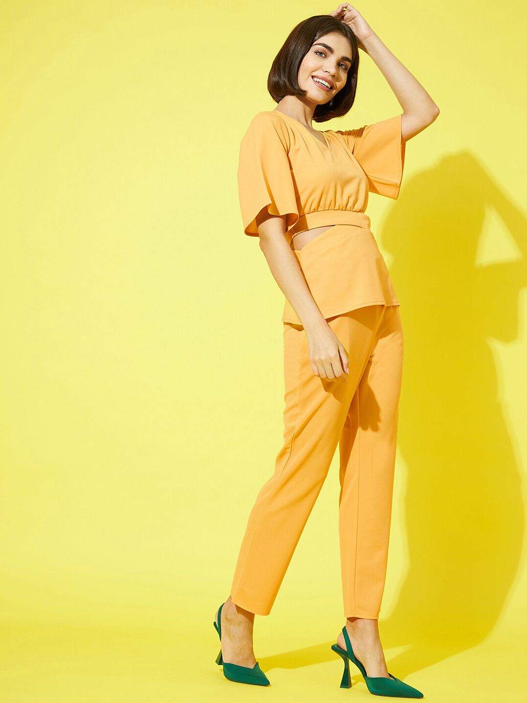 Athena Women Mustard Yellow Solid V-Neck Top and Trousers