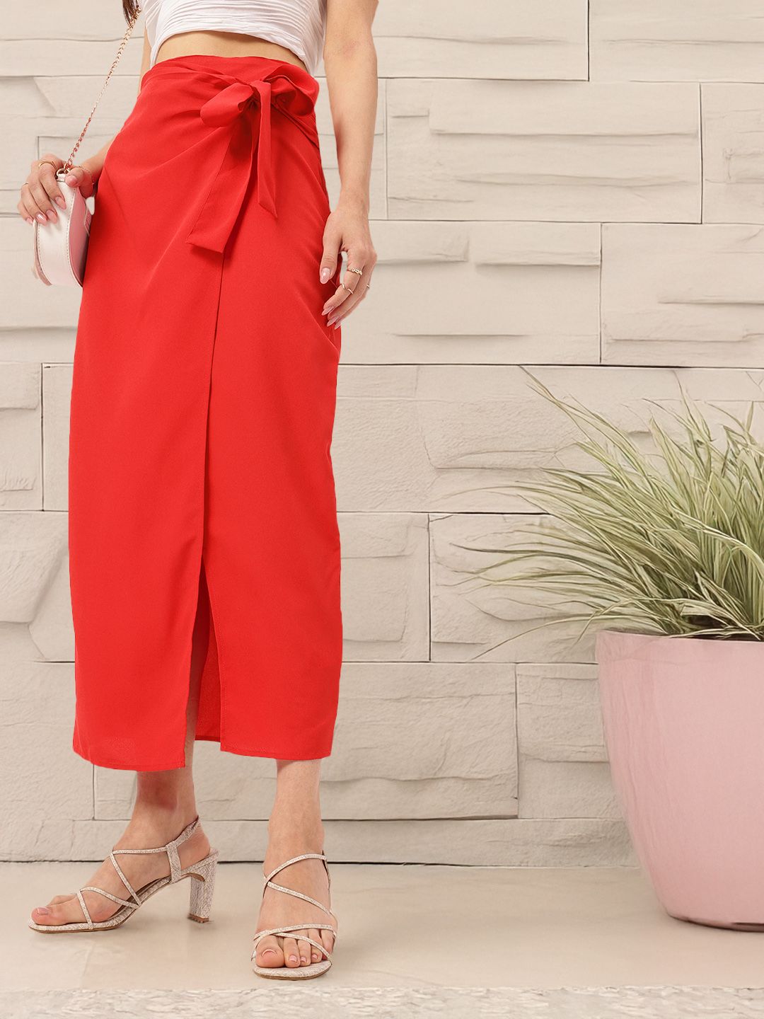 DressBerry Women Coquette Bow Front Slit Wrap Midi Skirt